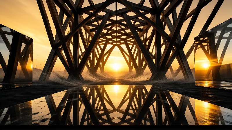 Dark beams weave into a vaulted screen around mirrored panels that double a low sun over rippling sand.