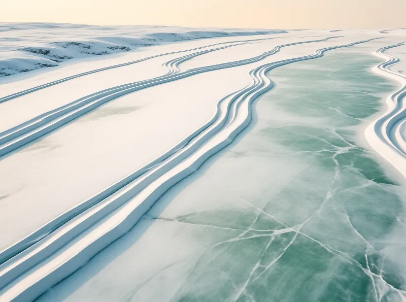 Parallel curves etched into white snow lead toward cracked teal ice under soft pale light