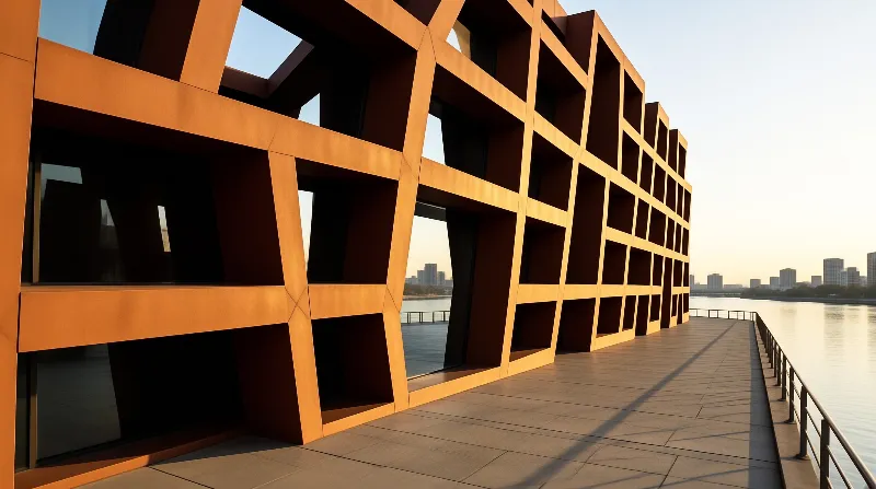 Geometric orange framework beside calm water under warm sunset light casting shadows.