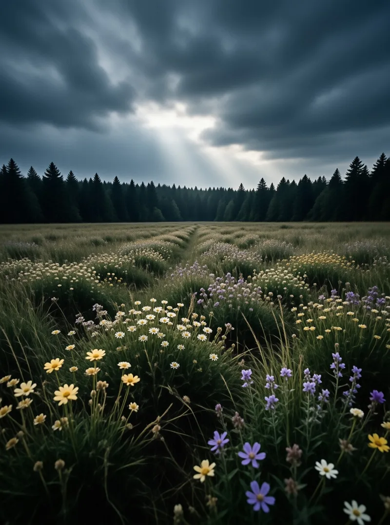 Rows of wildflowers stretch toward a dark forest under a cloudy sky where a beam of sunlight breaks through.