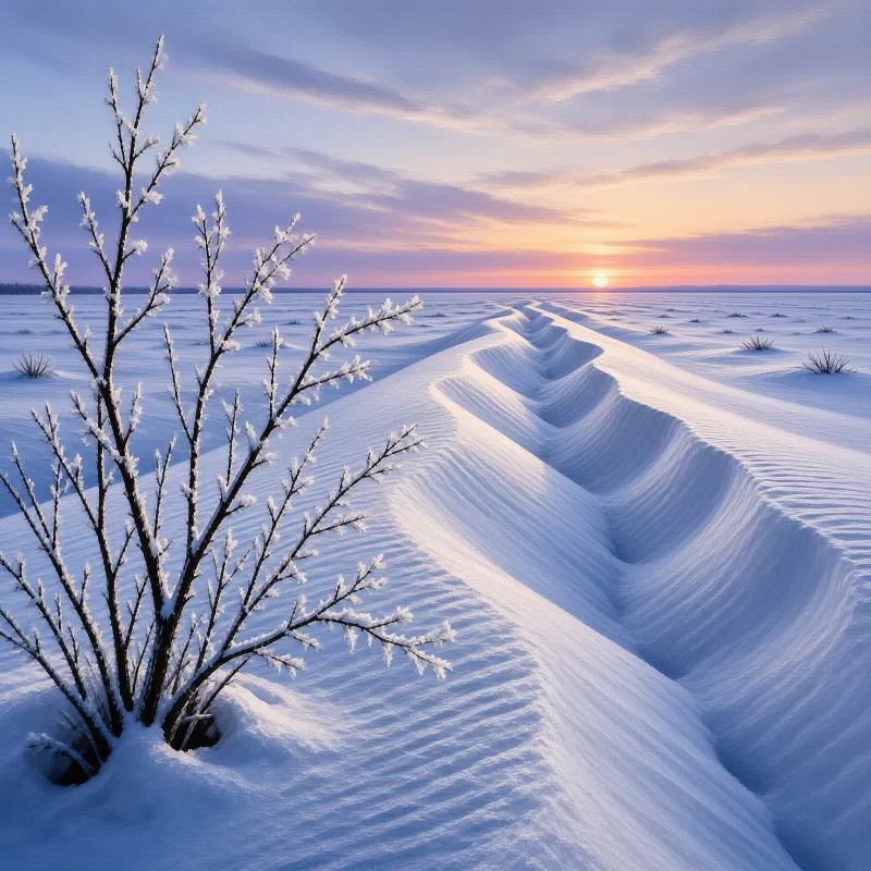 A frost-covered bush stands beside deep wind-carved snow ripples under a pink and orange dawn sky.