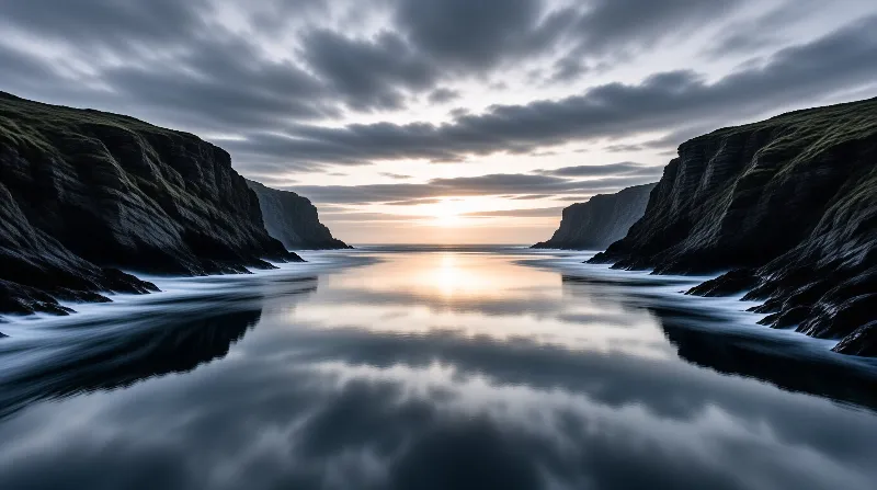 Layered dark cliffs close in on either side of a glassy tidal channel that reflects a low sun under streaky clouds.