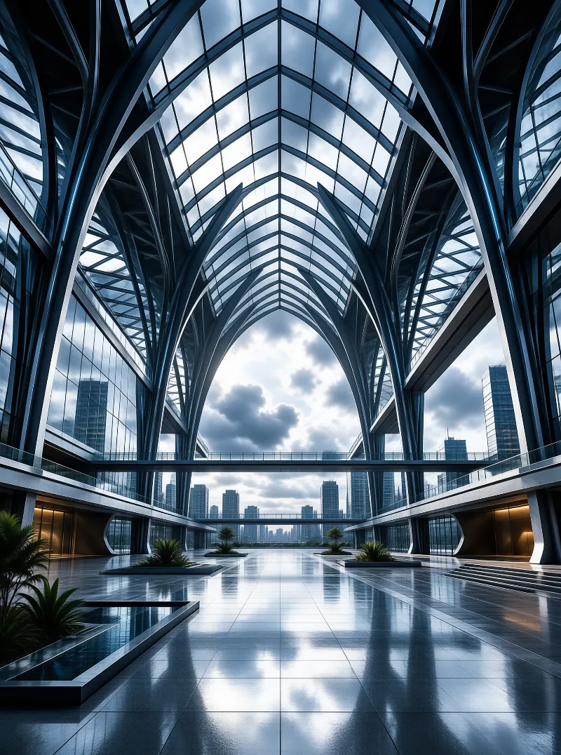 Wide interior shot of a glass atrium with arched trusses looking out onto a city skyline under clouds.