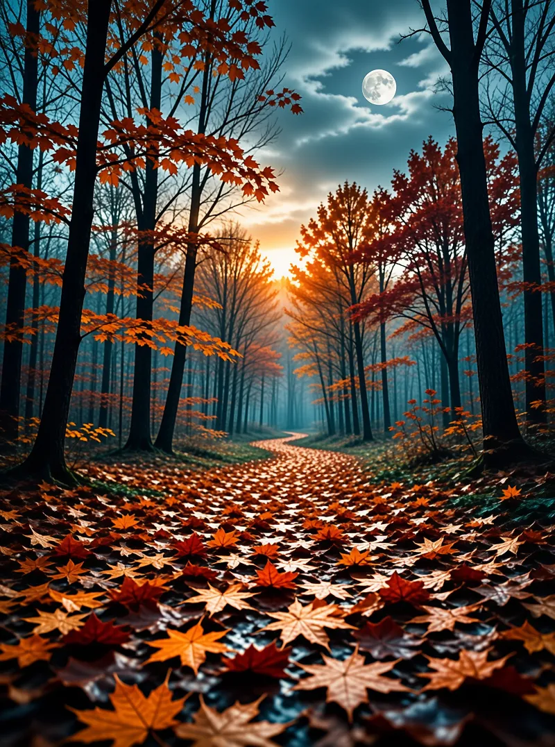 A winding trail through dark woods is carpeted in red foliage while a full moon hangs high in the sky.