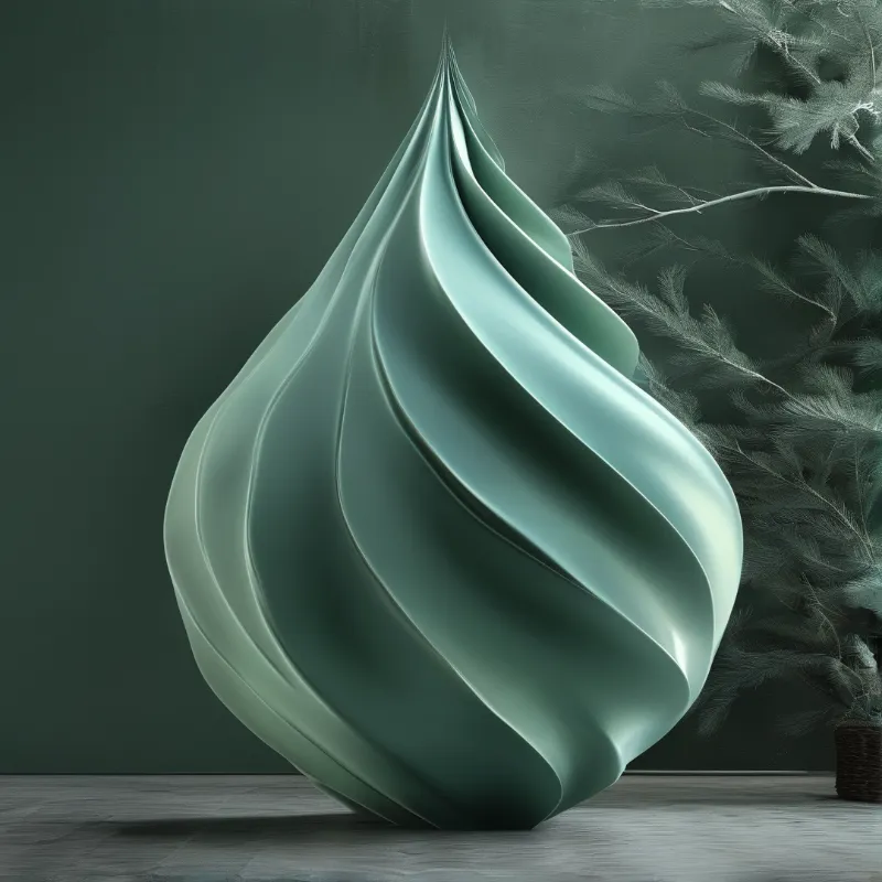 A smooth mint green ice cream sculpture sits on a grey floor with pine branches visible in the dark green background.