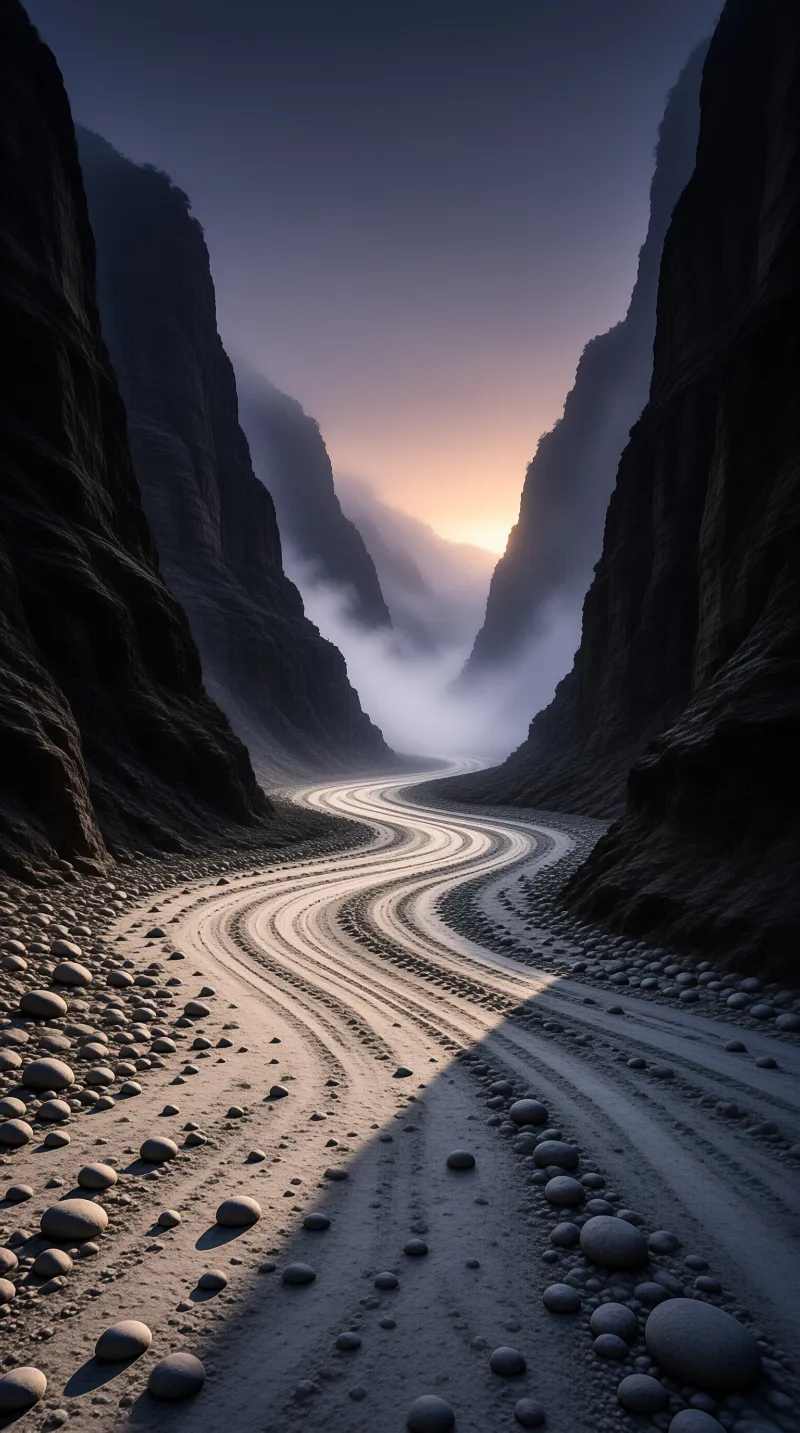 A dry riverbed of smooth stones snakes between towering dark cliffs toward a soft sunset in a misty gorge.