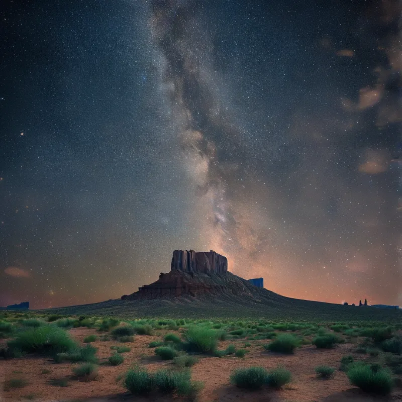 A massive flat-topped rock formation stands in a desert landscape under a starry sky filled with the Milky Way.
