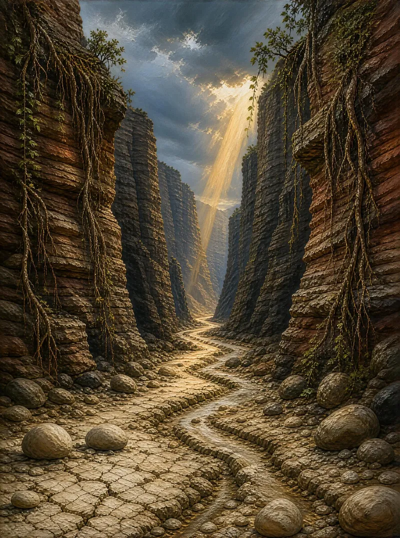 A narrow canyon with a winding stream, rocky walls covered in vines, and golden sunbeams streaming through the sky