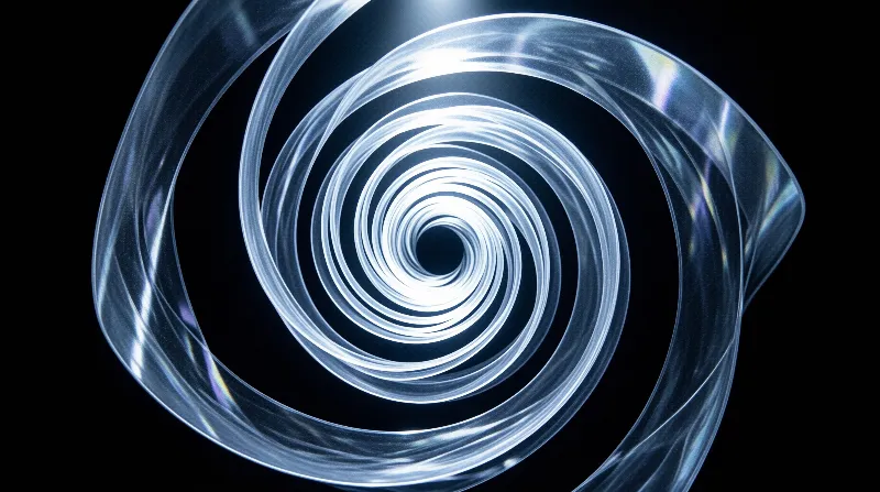 A translucent twisting blue spiral tube forms a dark vanishing point passage with faint rainbow reflections along its curved outer edges