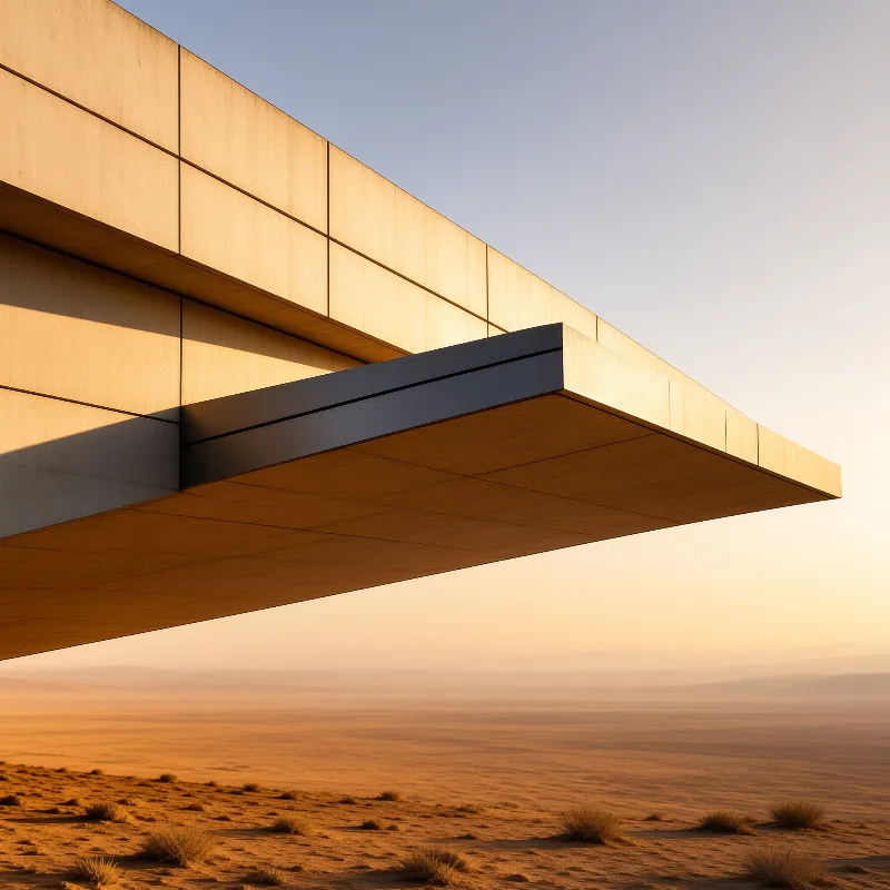 A massive wooden beam projects outward from a wall above a sandy terrain illuminated by warm golden sunlight.