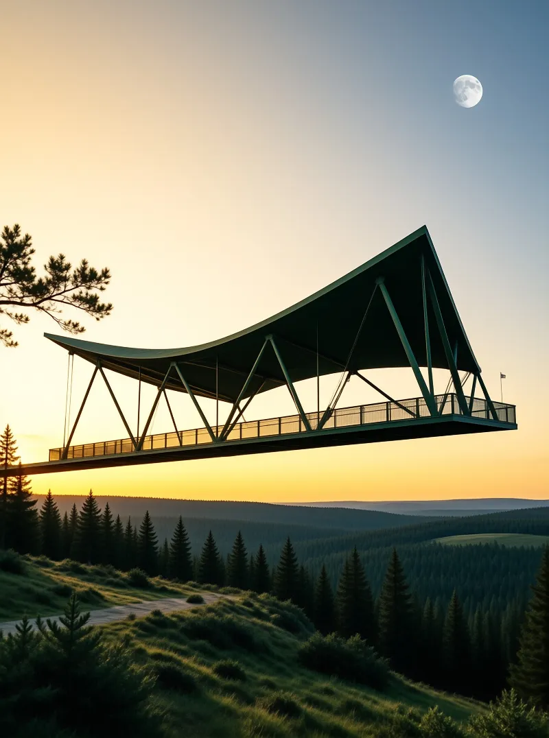 A large angular green bridge spans a vast pine forest valley under a bright moon during golden hour sunset.