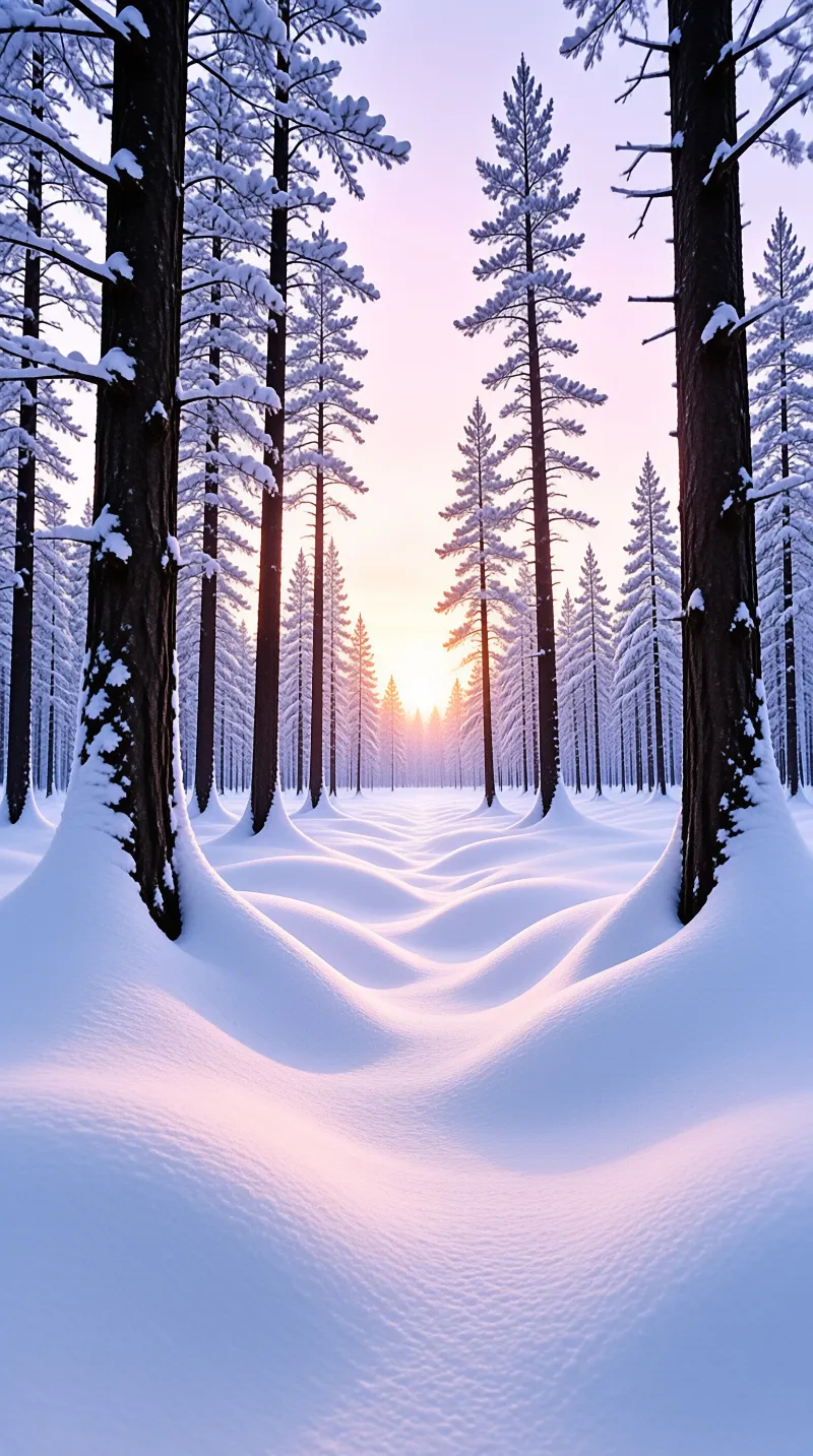 Coniferous trees frame a glowing horizon above drifts of white winter snow.