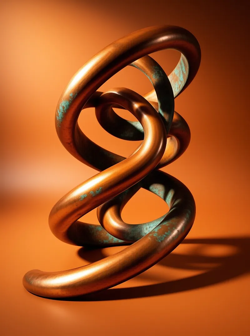 A polished copper coil twists into a knotted ribbon sculpture glowing under warm amber studio light.