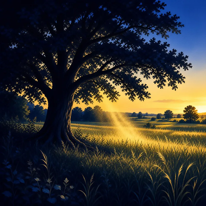 A broad oak stands dark against amber fields while low sunlight spills between the tall grasses.