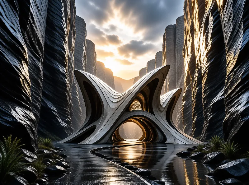 A white curved architectural structure spans a narrow river between tall rock walls during golden hour.