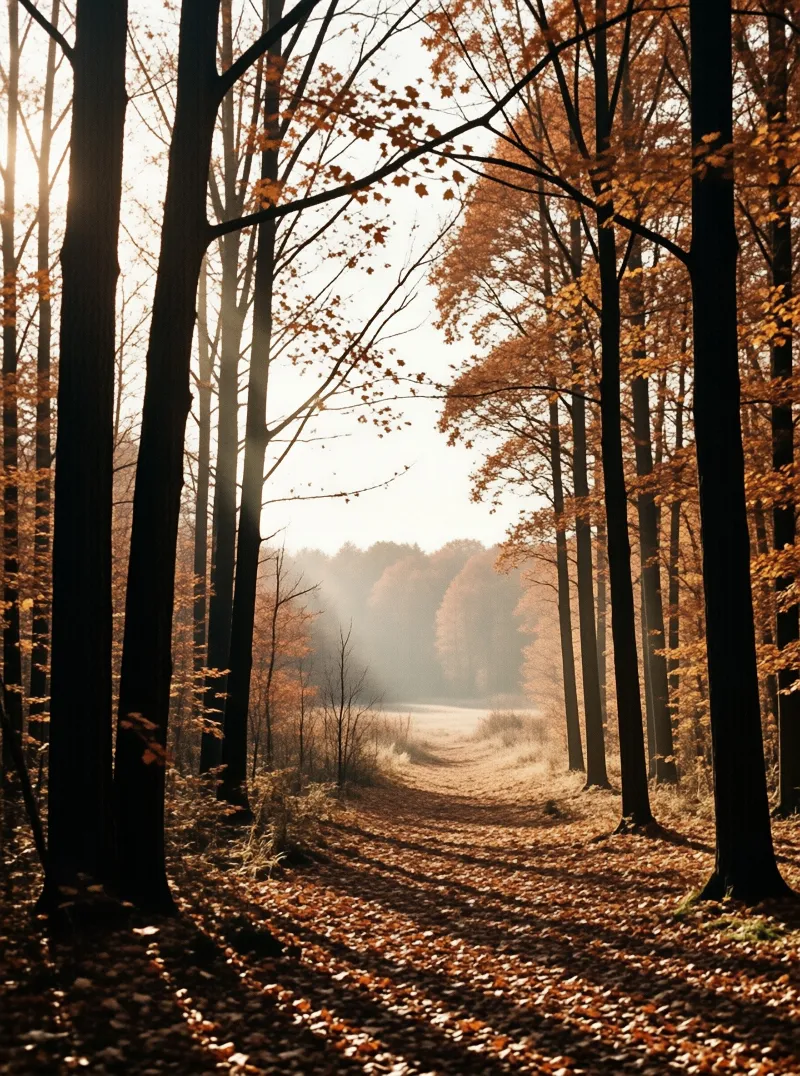 A dirt trail covered in leaves curves between tall trees while foggy light filters through the autumn branches.