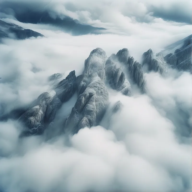 Rugged rock spires protrude from a dense layer of fog with cool blue tones.