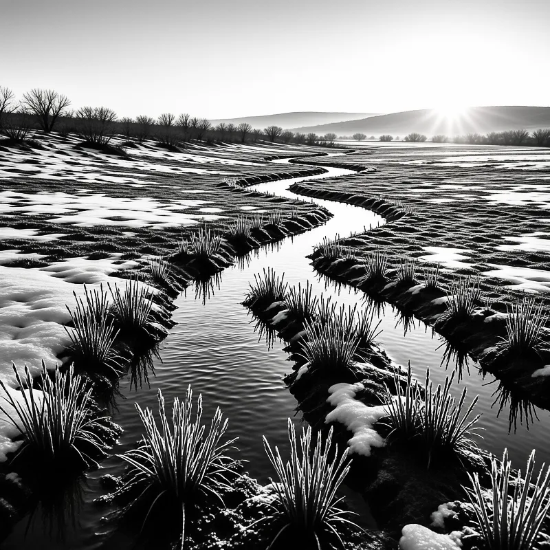 A narrow watercourse winds through a grassy landscape dotted with patches of snow and clusters of reeds while a bright sun rises over distant hills.