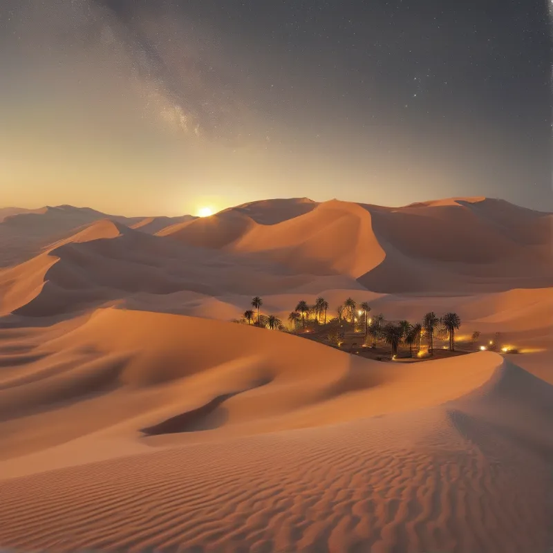 Desert sand dunes glow orange at sunset behind a small grove of palm trees lit by warm artificial lights under a starry sky.