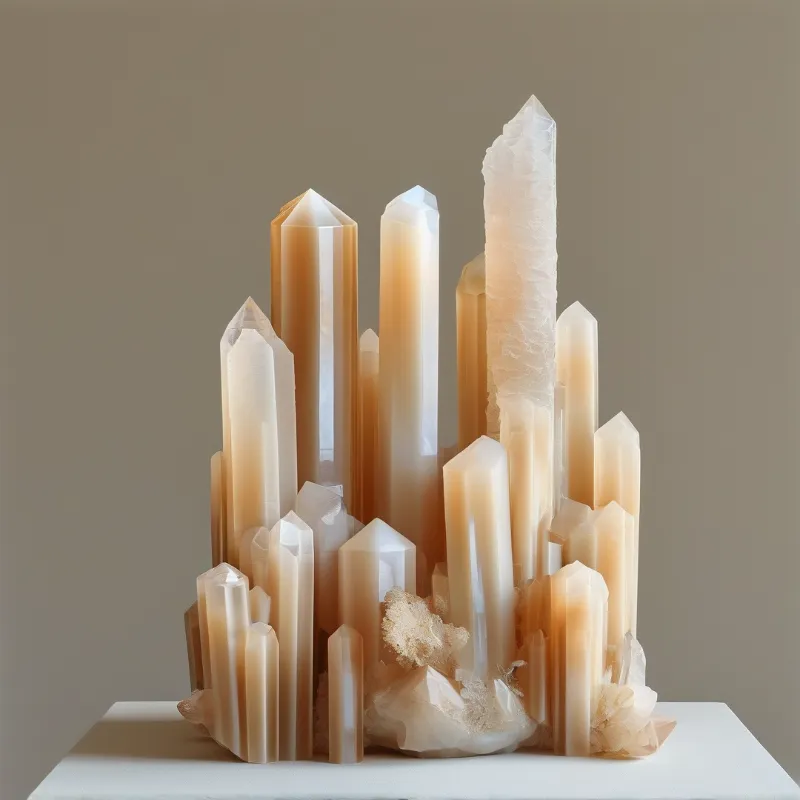 A cluster of pointed cream and amber crystals rises from a rough mineral base under soft studio light.
