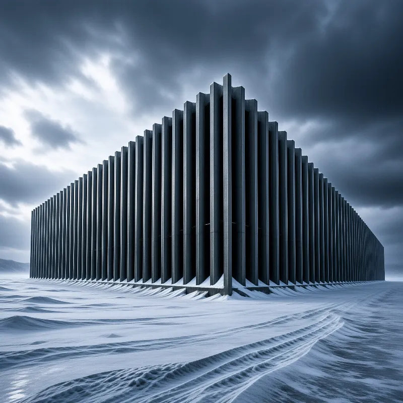 A massive structure of vertical concrete beams stands in a snow-covered plain under dark clouds
