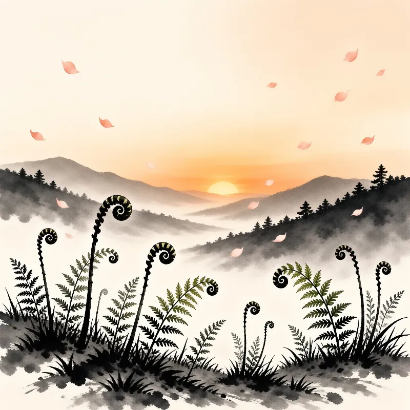 Ink ferns frame misty mountains as orange sunlight glows on the horizon with floating pink petals drifting nearby.