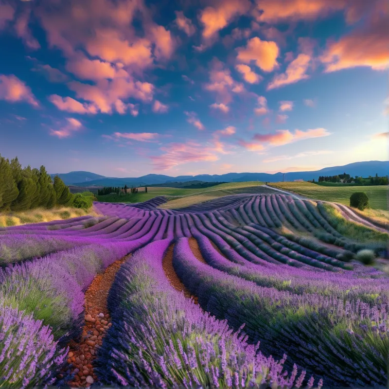 Purple flower beds curve across the landscape under a sky filled with orange and blue clouds at dusk.