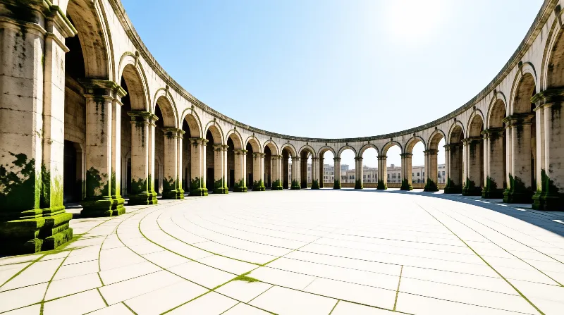 A long curved row of stone pillars stands around a white tiled floor with green moss growing at the base under a clear sky.