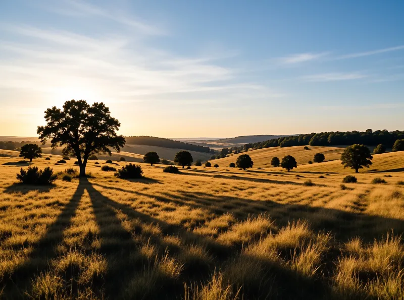 A solitary oak tree casts a long shadow across golden grasslands while warm sunlight illuminates the rolling hills.