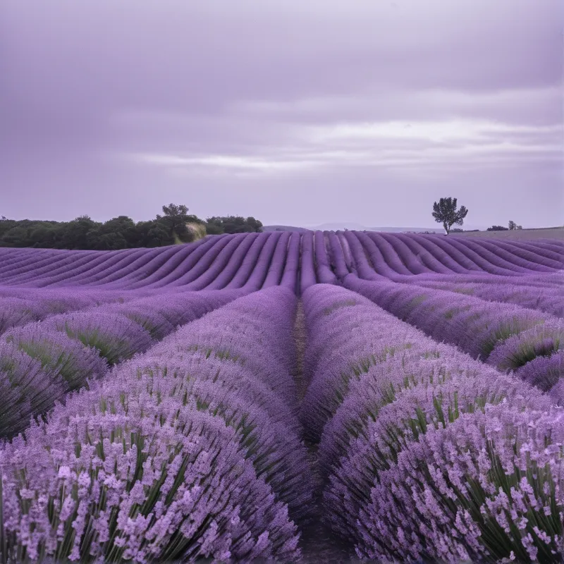 Rows of blooming lavender create leading lines across a rolling landscape beneath a soft cloudy sky with scattered trees.