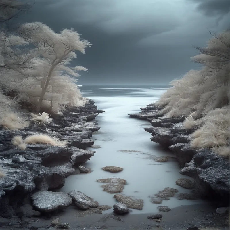 A narrow stream of smooth pale water winds through dark rocky banks lined with frosted white trees beneath heavy grey storm clouds