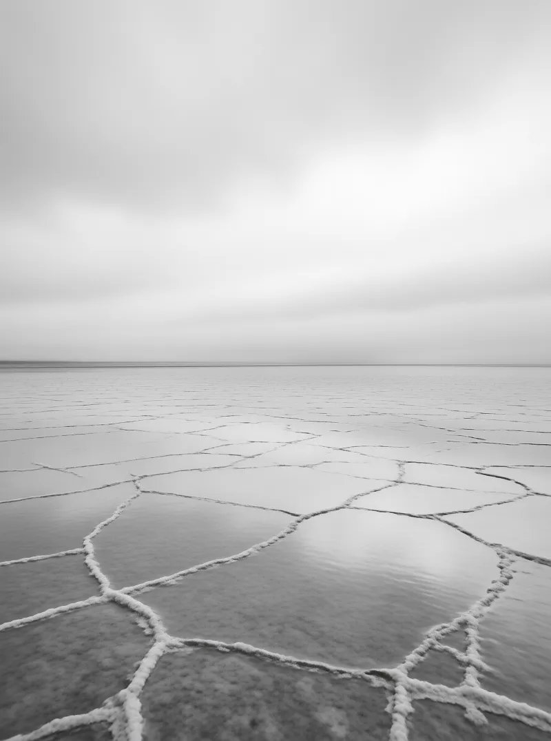 A monochrome view of expansive salt flat polygons filled with shallow water under a cloudy grey sky.