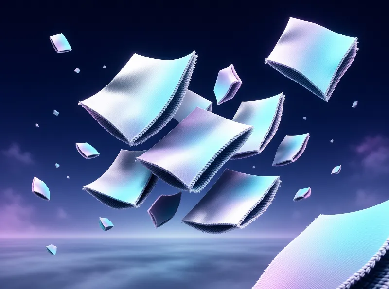 Iridescent squares of fabric float upwards against a deep blue sky filled with soft clouds.