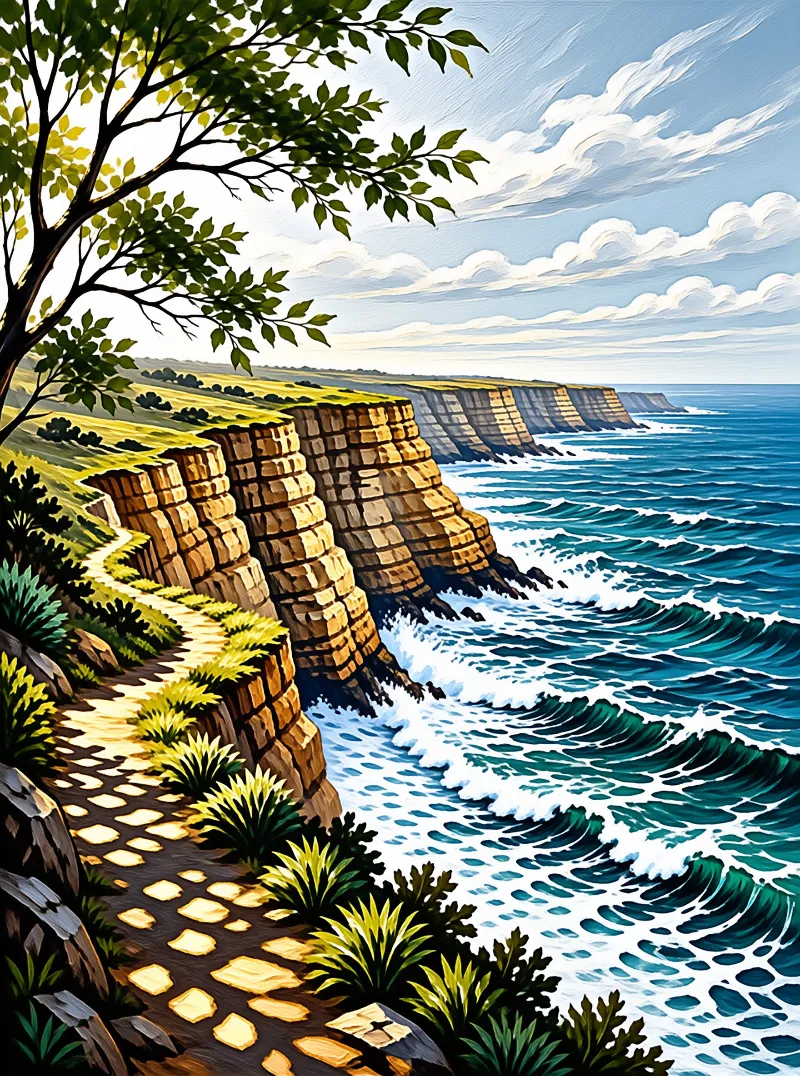 A stone path winds along green coastal cliffs overlooking blue ocean waves under a cloudy sky.