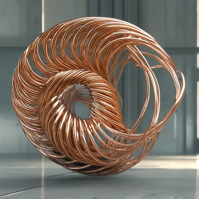 A spiraling copper wire sculpture sits on a pale concrete floor against a grey paneled wall in soft warm daylight