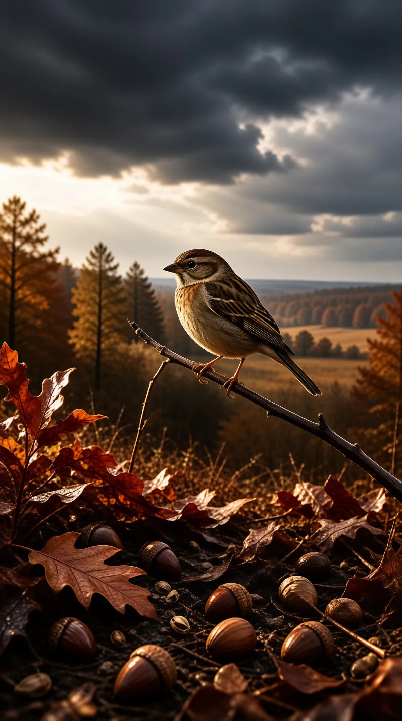 A small brown songbird perches on a slender twig above oak leaves and acorns, backlit by golden light under dark clouds.
