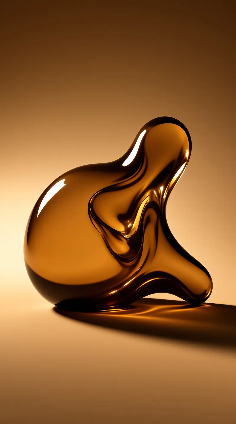 A smooth, flowing gold-colored abstract object rests on a surface, casting a shadow against a warm gradient background.