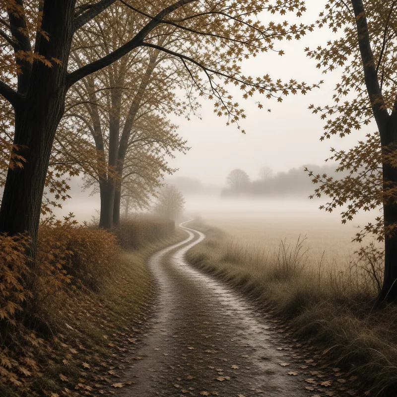 A wet dirt trail curves away between trees with yellow leaves and a foggy field on the right.