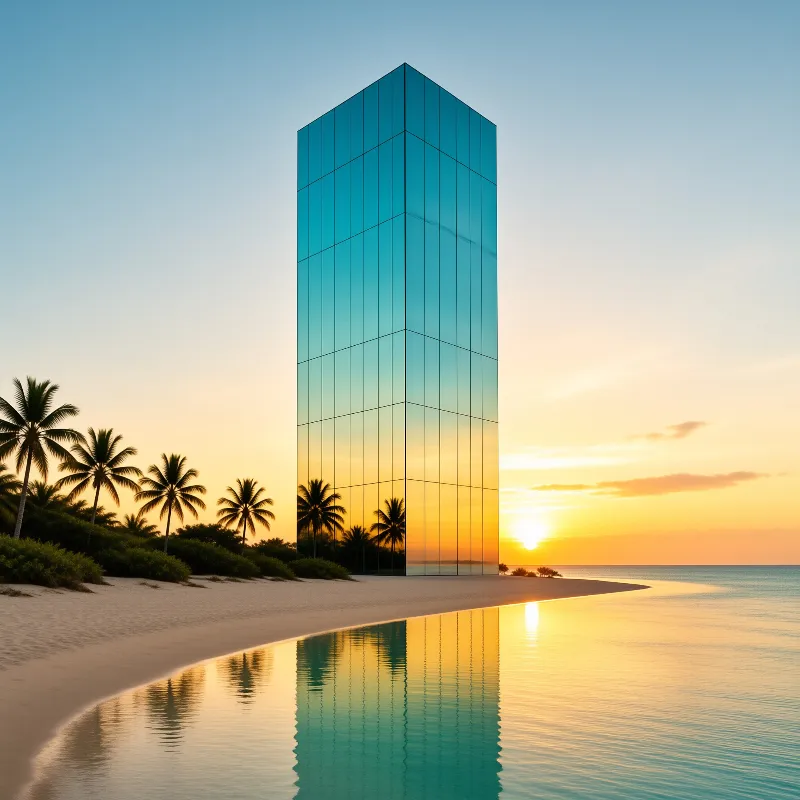 A high-rise glass building stands on a sandy beach near palm trees, reflecting the warm sunset sky and calm water.