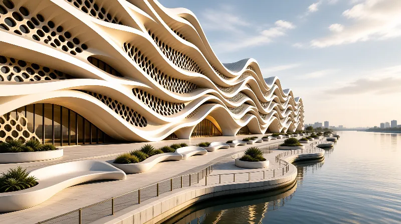 A futuristic white building with wavy curved architecture featuring perforated patterns along a waterfront with landscaping and warm golden lighting conditions