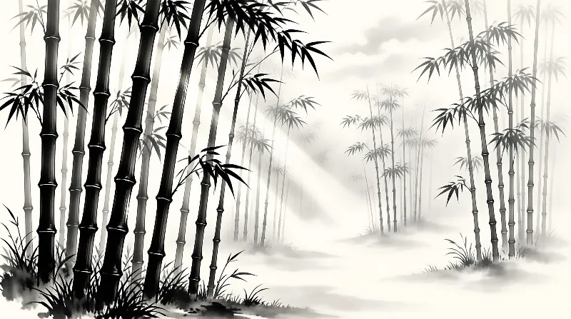 Monochromatic ink painting of tall dark bamboo stalks on left fading into a misty forest with lighter stalks on the right.