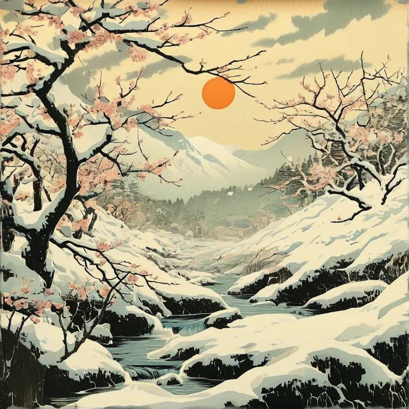 Snow-laden branches frame a winding river valley leading to mountains under an orange sun.