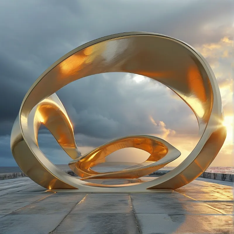 A polished metallic structure loops through the air near a body of water under a dramatic sky.