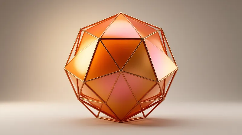 A translucent orange geometric structure with copper framing sits centrally against a blurred neutral space, casting soft shadows while light reflects off its faceted surfaces.