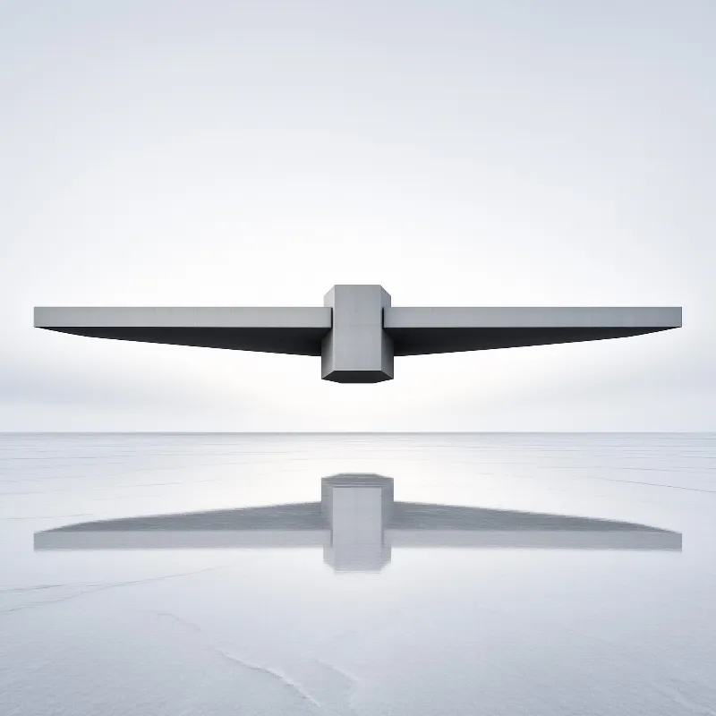 A grey geometric folded wing structure sits mirrored above a vast hazy white salt flat in bright even overcast light.