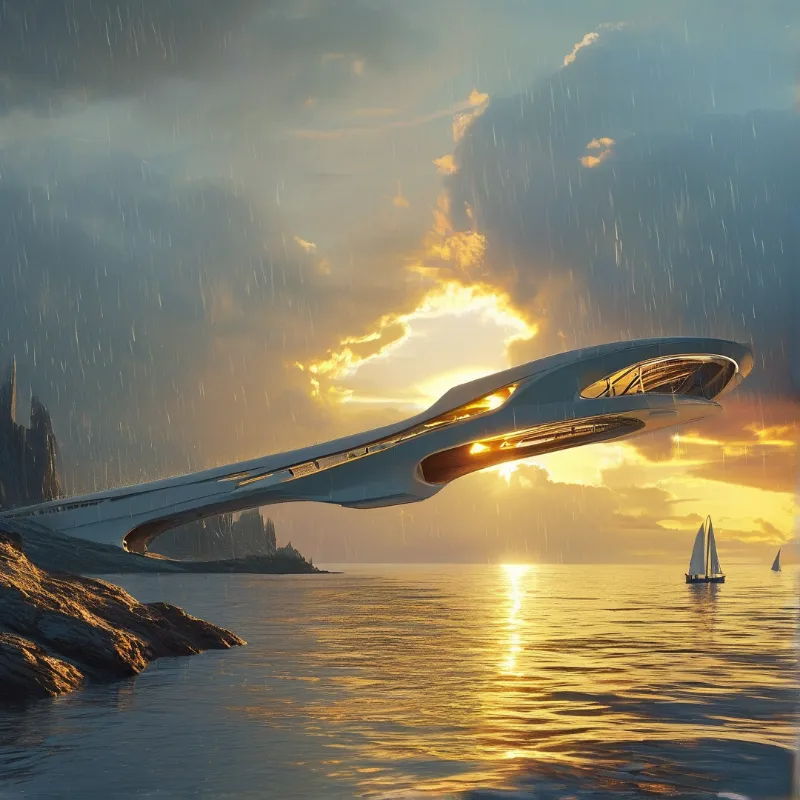A sleek white structure arches over a rainy ocean at sunset with sailboats visible on the golden water.