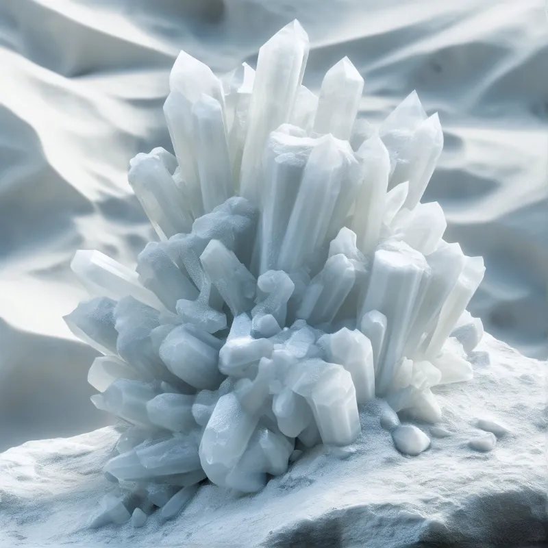 A dense cluster of white translucent crystals rises from a textured snowy surface under bright diffuse daylight.