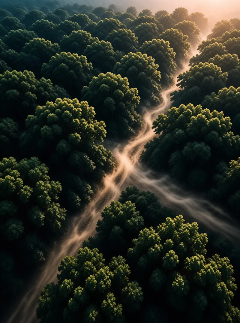Aerial view of a dense green forest canopy with a glowing stream of mist weaving through the trees in warm sunlight.
