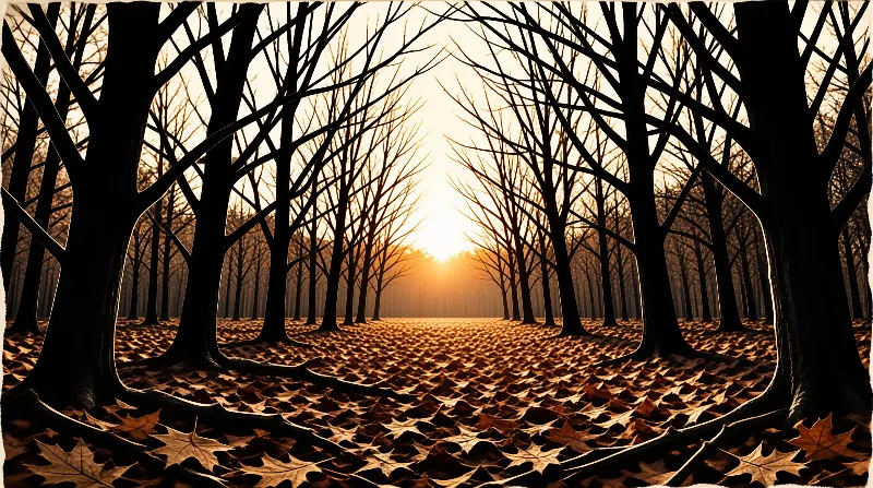 Dark silhouettes of leafless trees frame a carpet of fallen leaves illuminated by a distant rising sun.