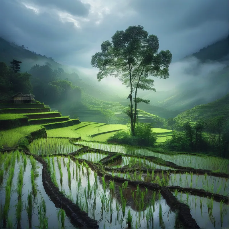 Flooded green rice terraces lie in a misty mountain valley with soft sun rays filtering through clouds near a single tall tree.